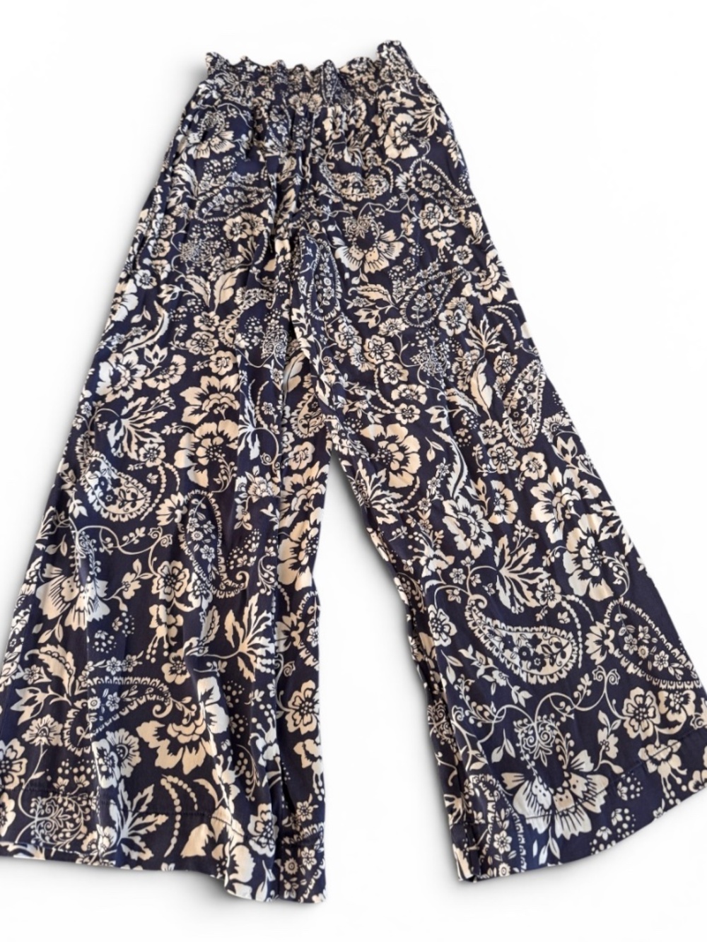 Maeve Anthropologie Floral Wide Leg Pants Navy Cream Pull On Palazzo Size Small
